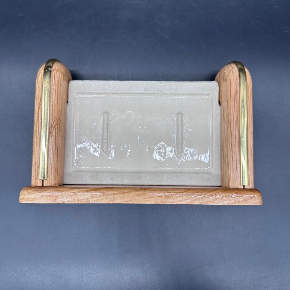Vintage Wall Mount Soap Dish Ceramic Wood 1980s Taiwan Retro Bathroom Accessory - Picture 7 of 12